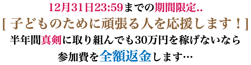 12月31日23:59までの期間限定.. [ 子どものために頑張る人を応援します！] 半年間真剣に取り組んでも30万円を稼げないなら 参加費を全額返金します…